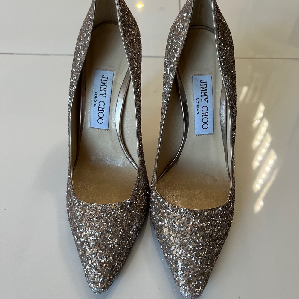 Jimmy Choo Pointed Toe Glitter Pumps - Champagne Gold | EU 37.5 | US size 7.5 - Picture 2 of 6